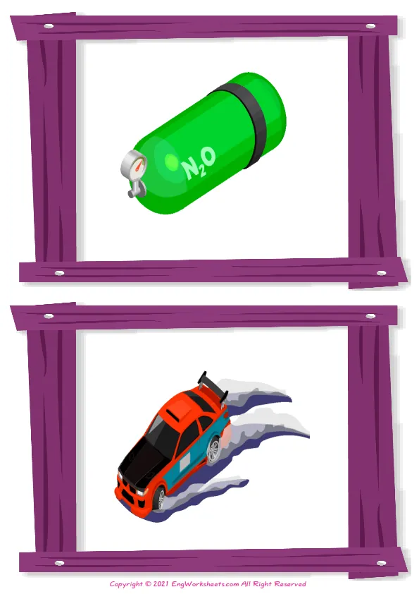 Wordless Car Tuning vocabulary worksheet with two images per page