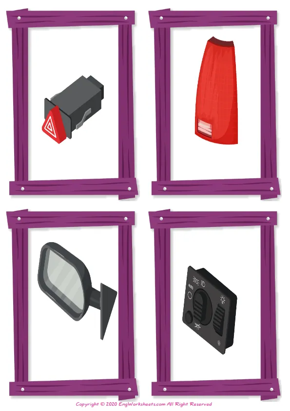 Wordless Cars vocabulary worksheet with four images per page