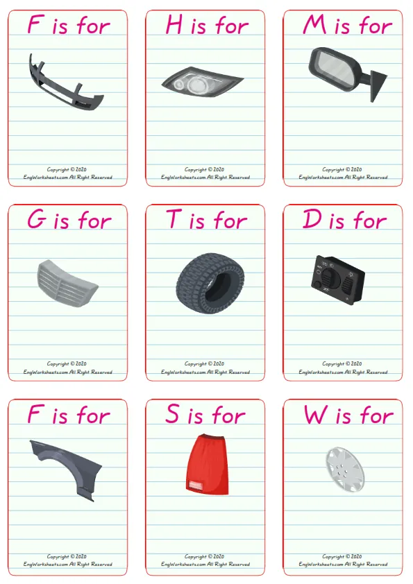 Wordless Cars vocabulary worksheet with nine images per page