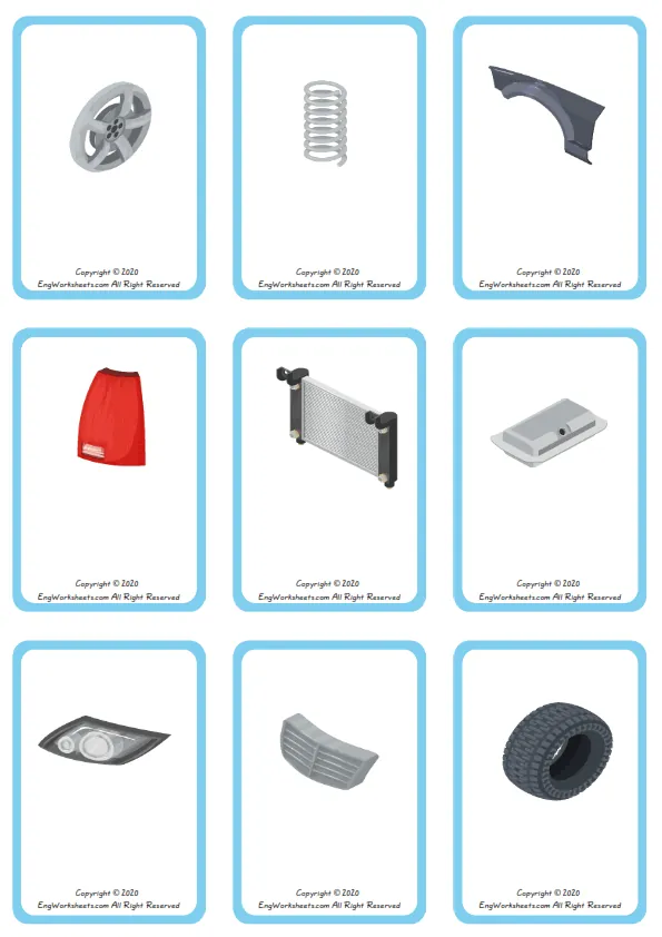 Wordless Cars vocabulary worksheet with nine images per page