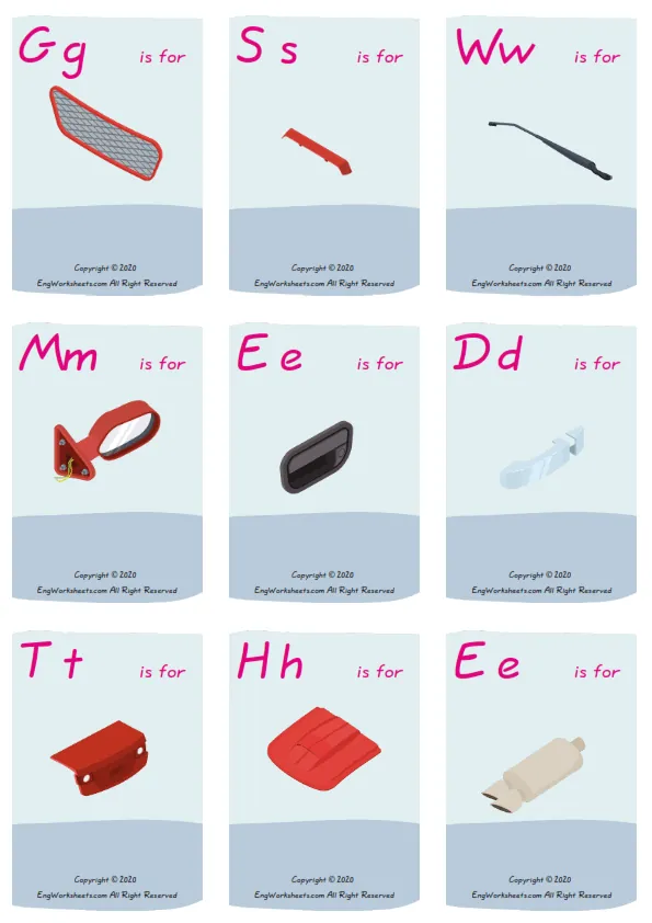 Wordless Cars vocabulary worksheet with nine images per page