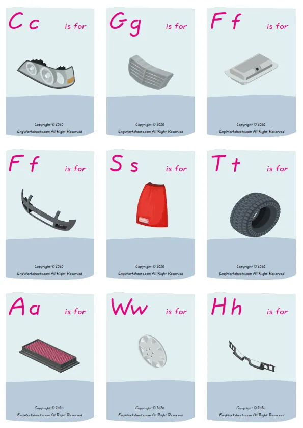Wordless Cars vocabulary worksheet with nine images per page