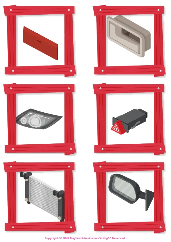 Wordless Cars vocabulary worksheet with six images per page