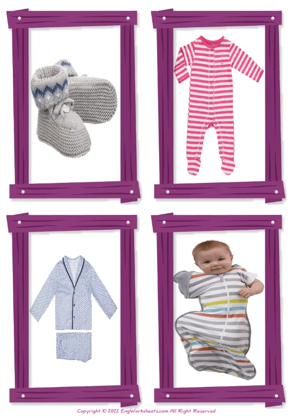Wordless Children's Clothing vocabulary worksheet with four images per page