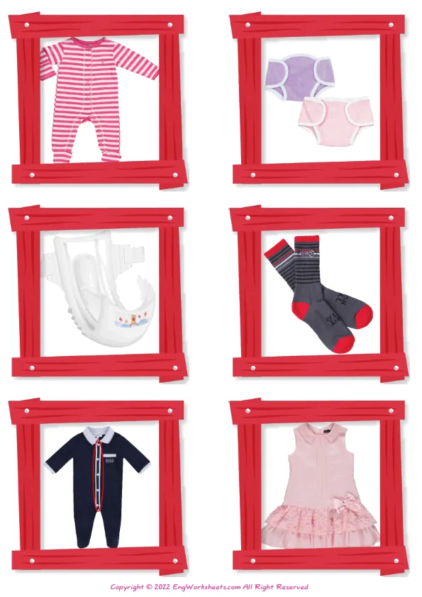 Wordless Children's Clothing vocabulary worksheet with six images per page