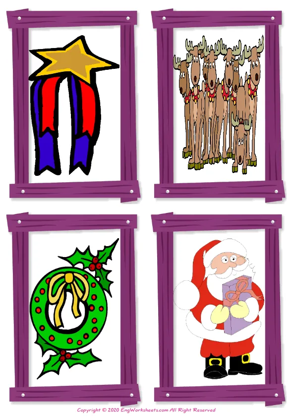 Wordless Christmas vocabulary worksheet with four images per page Worksheet Preview