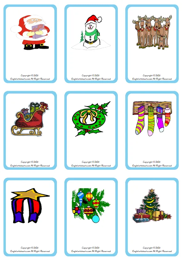 Wordless Christmas vocabulary worksheet with nine images per page