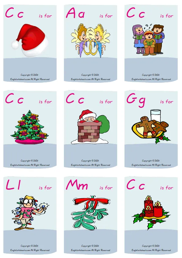 Wordless Christmas vocabulary worksheet with nine images per page