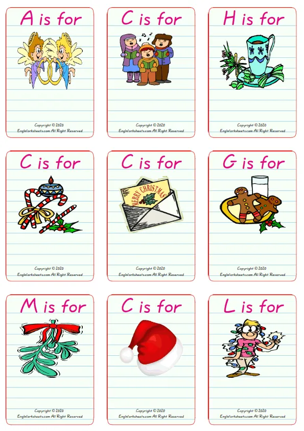 Wordless Christmas vocabulary worksheet with nine images per page