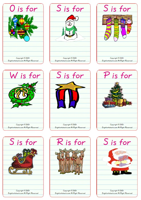 Wordless Christmas vocabulary worksheet with nine images per page