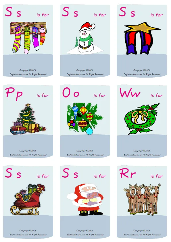 Wordless Christmas vocabulary worksheet with nine images per page