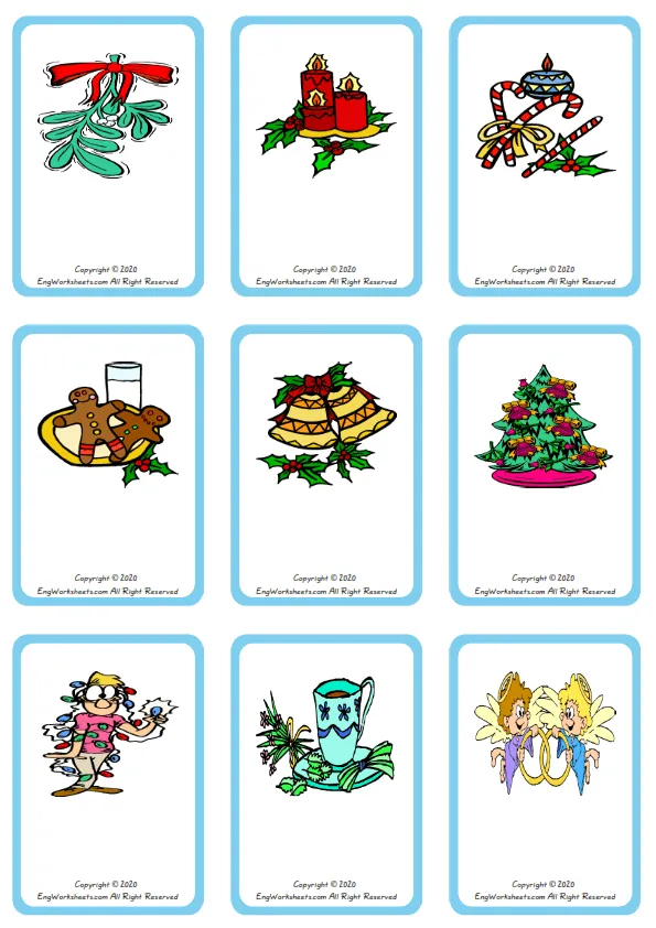 Wordless Christmas vocabulary worksheet with nine images per page