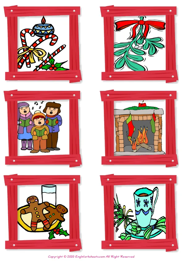 Wordless Christmas vocabulary worksheet with six images per page