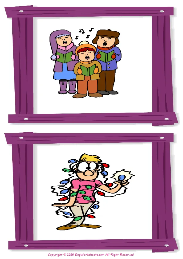 Wordless Christmas vocabulary worksheet with two images per page