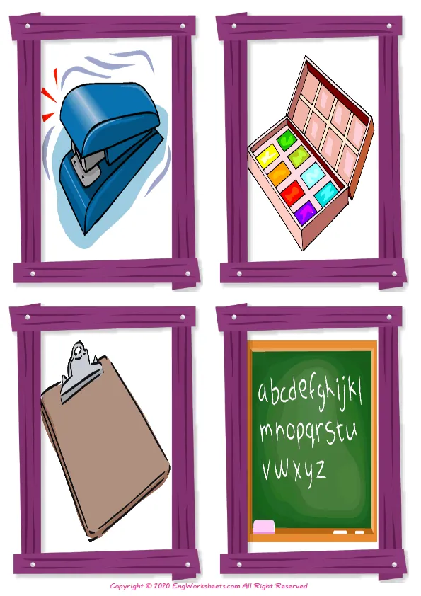 Wordless Classroom Objects vocabulary worksheet with four images per page