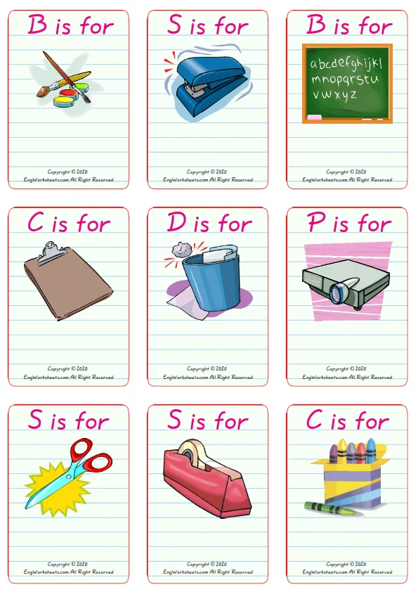 Wordless Classroom Objects vocabulary worksheet with nine images per page