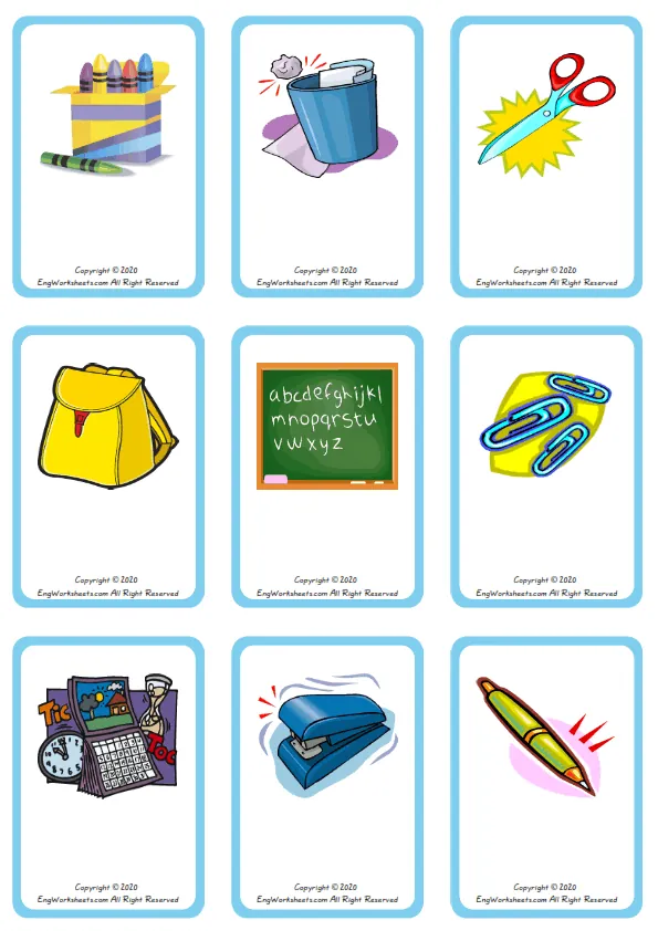 Wordless Classroom Objects vocabulary worksheet with nine images per page