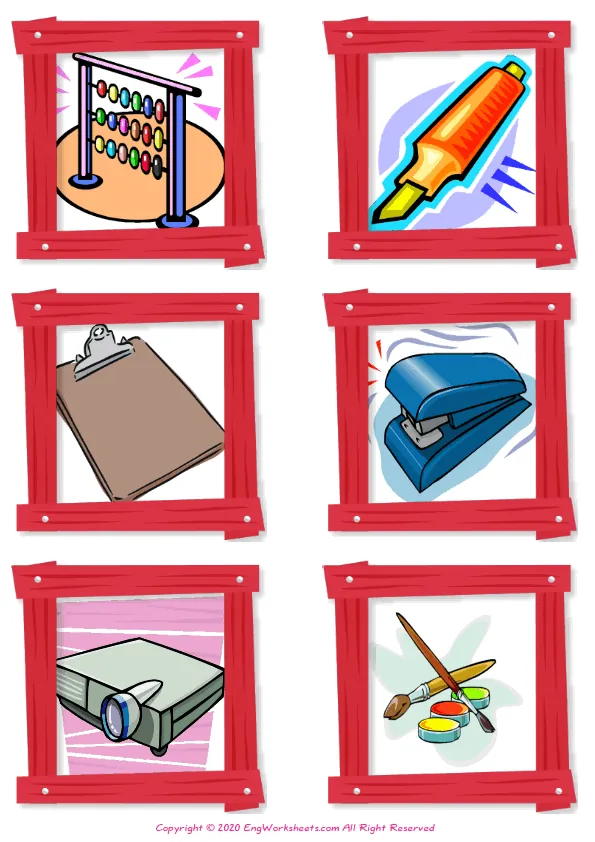 Wordless Classroom Objects vocabulary worksheet with six images per page