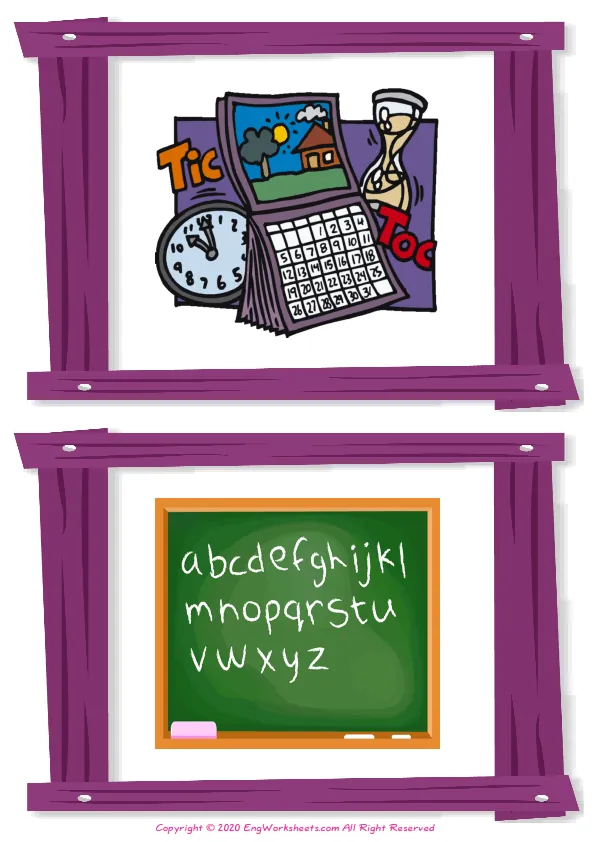 Wordless Classroom Objects vocabulary worksheet with two images per page