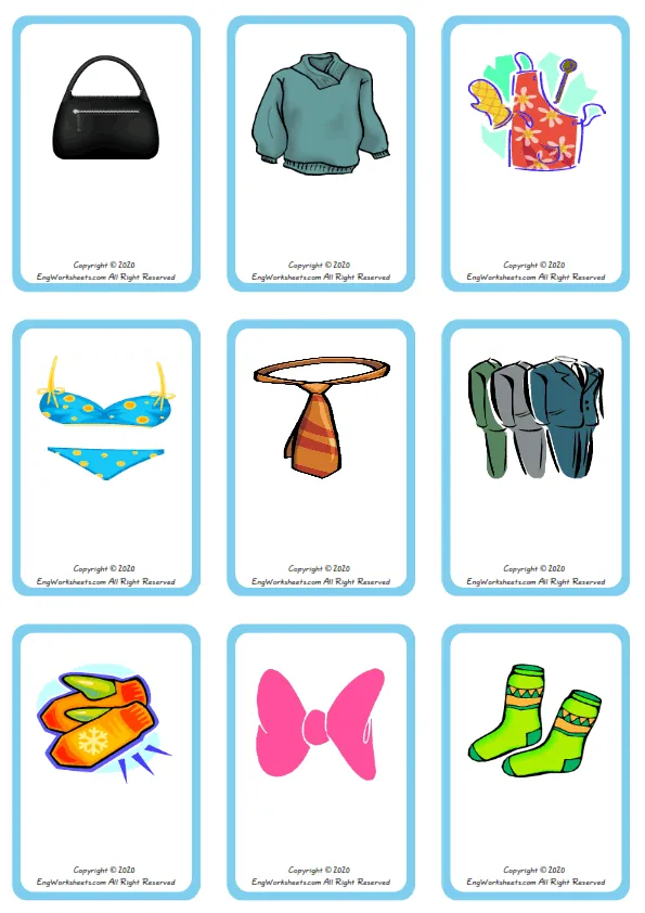 Wordless Clothes vocabulary worksheet with nine images per page
