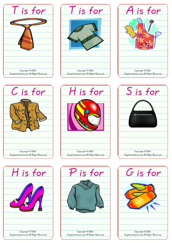 Wordless Clothes vocabulary worksheet with nine images per page