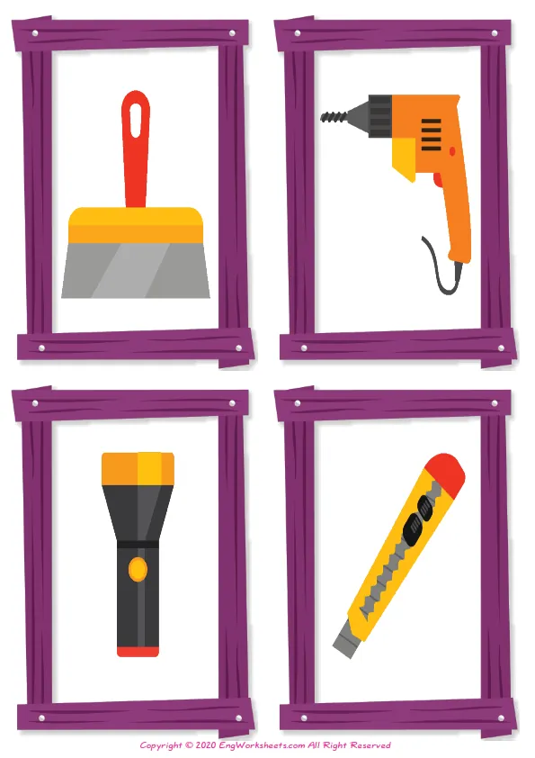 Wordless Construction Tools vocabulary worksheet with four images per page Worksheet Preview