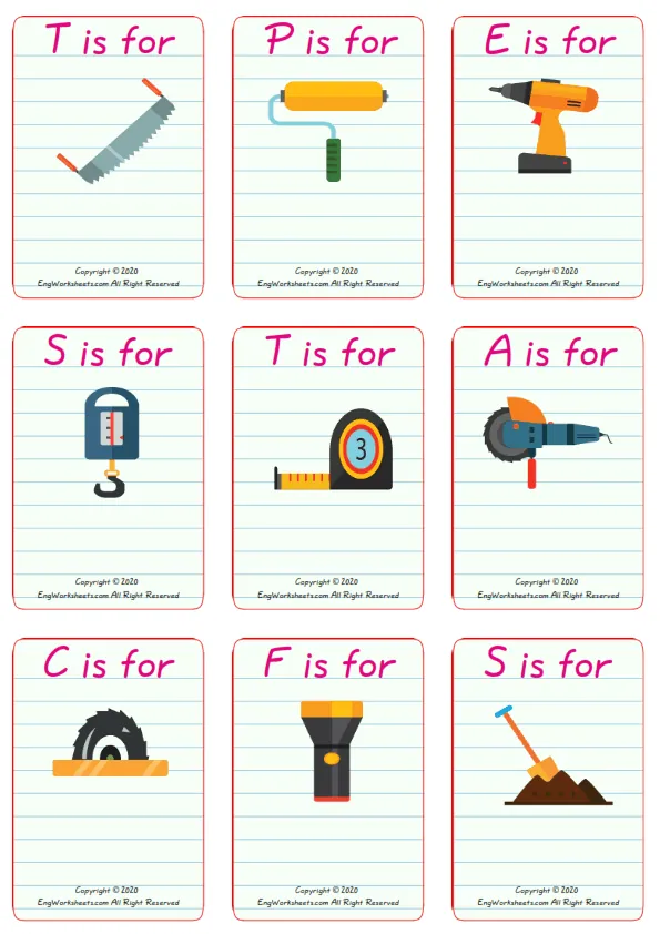 Wordless Construction Tools vocabulary worksheet with nine images per page Worksheet Preview