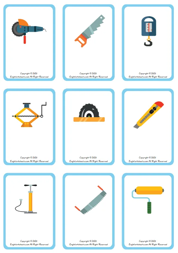 Wordless Construction Tools vocabulary worksheet with nine images per page Worksheet Preview