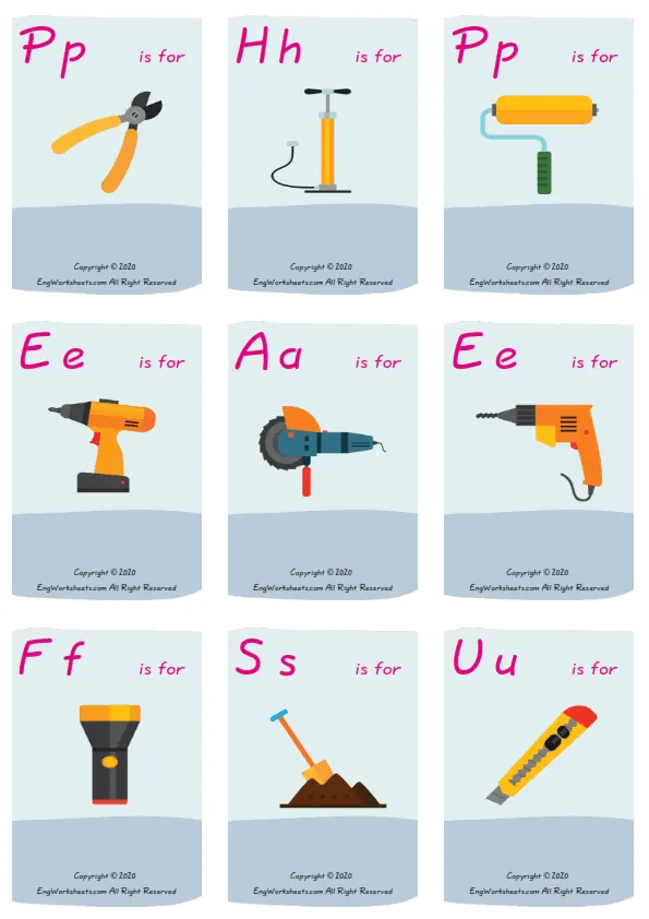 Wordless Construction Tools vocabulary worksheet with nine images per page