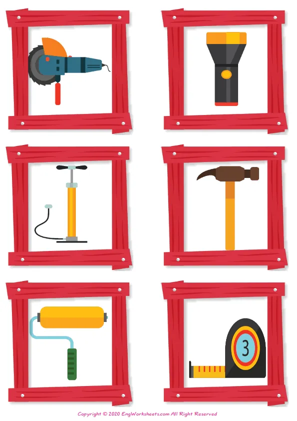 Wordless Construction Tools vocabulary worksheet with six images per page Worksheet Preview