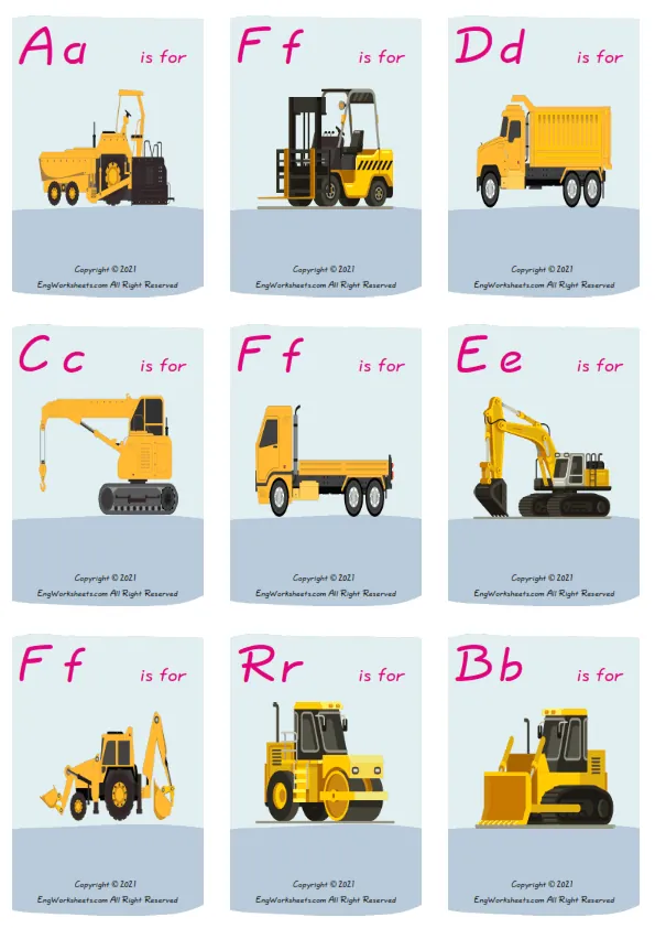 Wordless Construction Trucks vocabulary worksheet with nine images per page