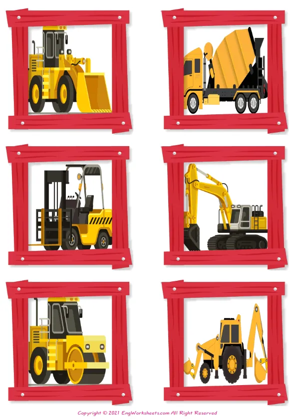 Wordless Construction Trucks vocabulary worksheet with six images per page Worksheet Preview