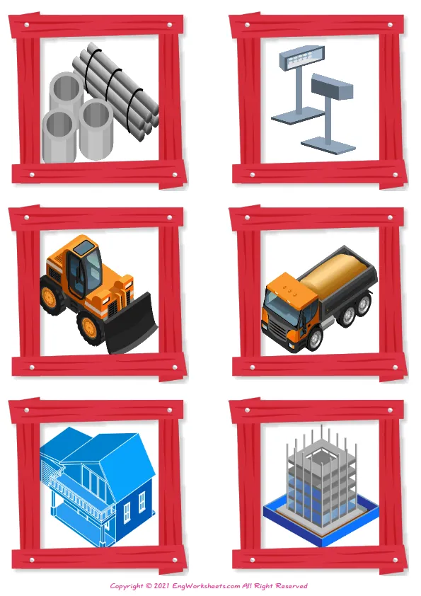 Wordless Construction vocabulary worksheet with six images per page Worksheet Preview