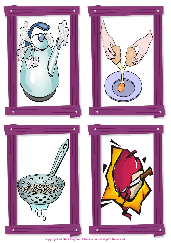 Wordless Cooking Verbs vocabulary worksheet with four images per page Worksheet Preview