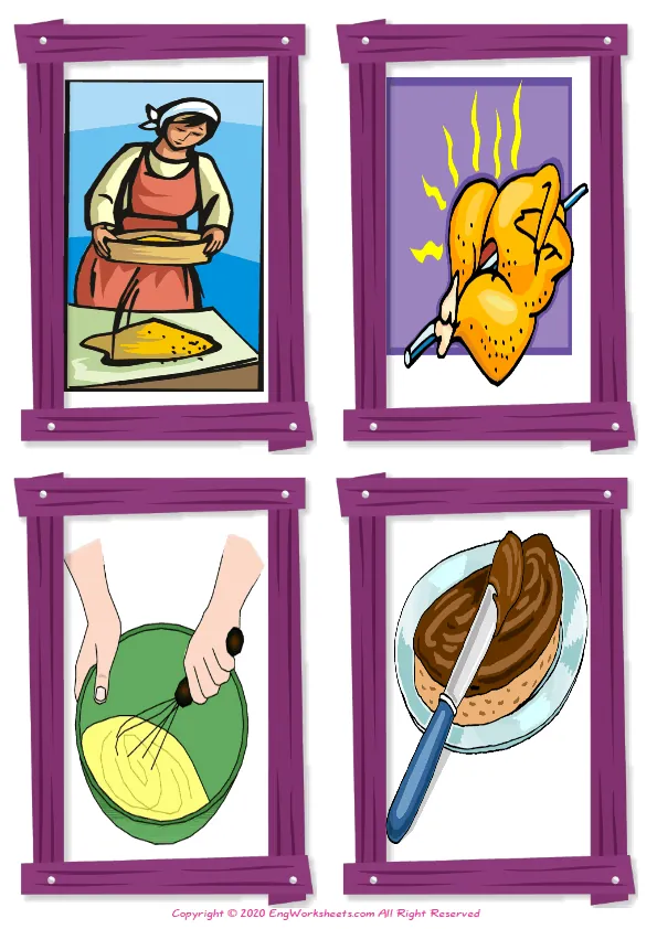 Wordless Cooking Verbs vocabulary worksheet with four images per page