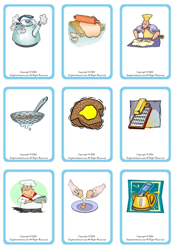 Wordless Cooking Verbs vocabulary worksheet with nine images per page