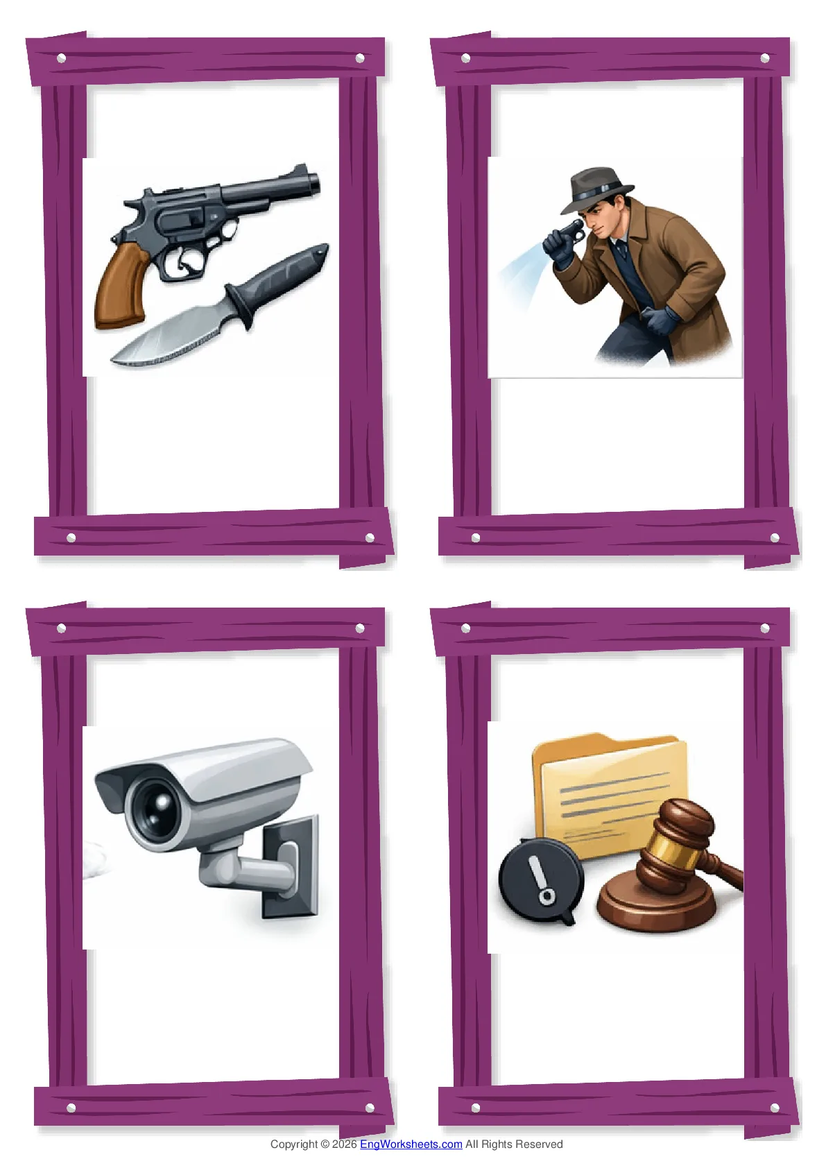 Wordless Crime & Law vocabulary worksheet with four images per page Worksheet Preview