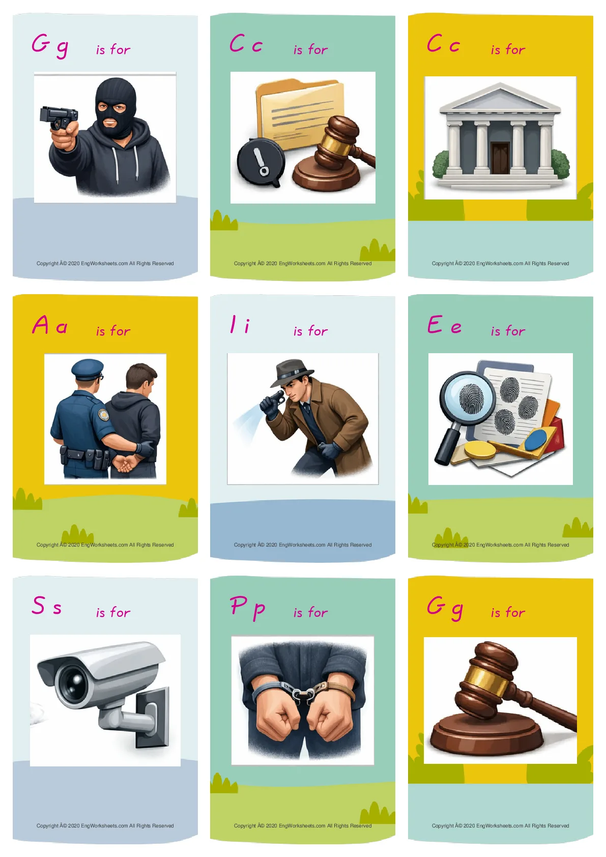 Wordless Crime & Law vocabulary worksheet with nine images per page