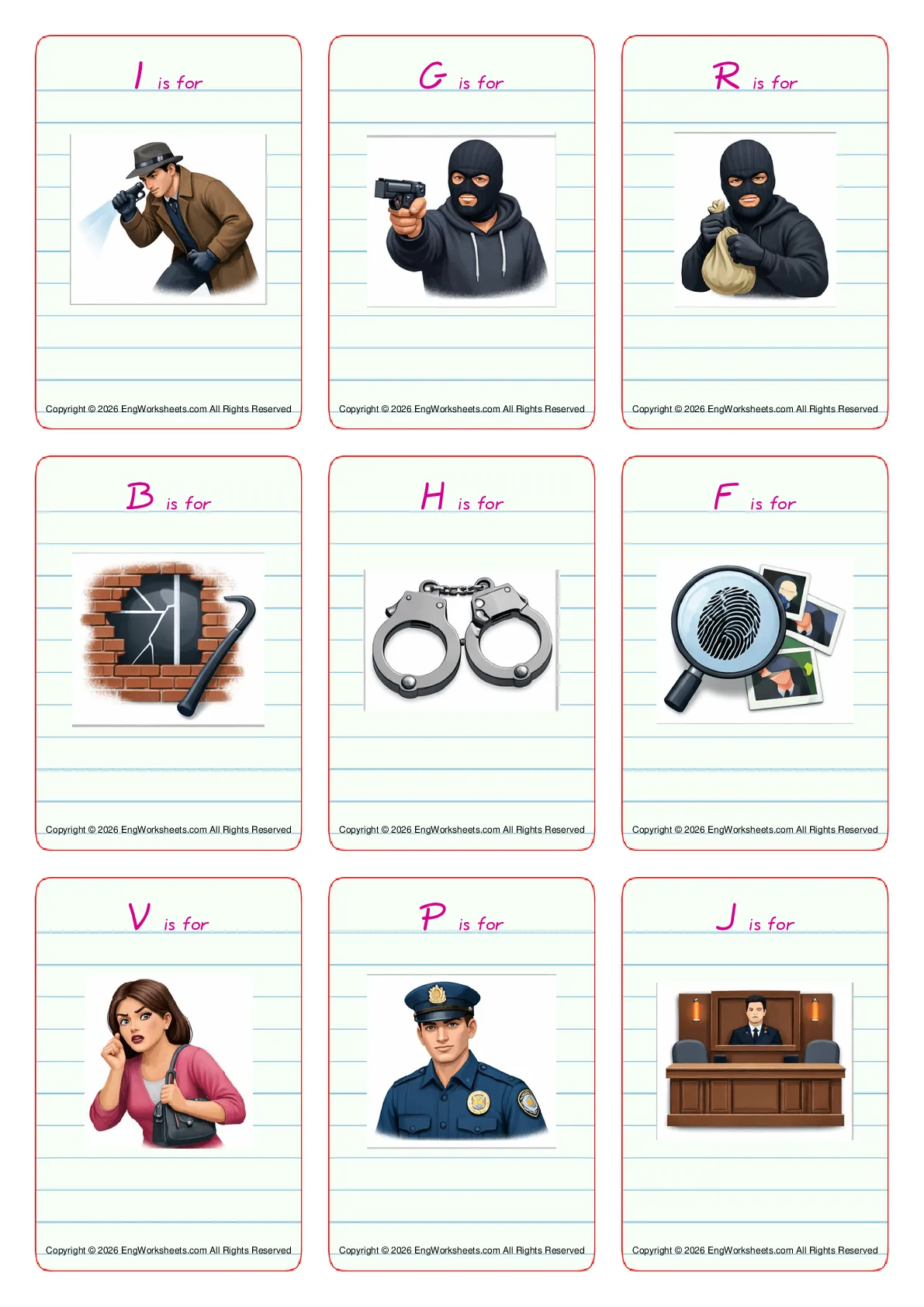 Wordless Crime & Law vocabulary worksheet with nine images per page