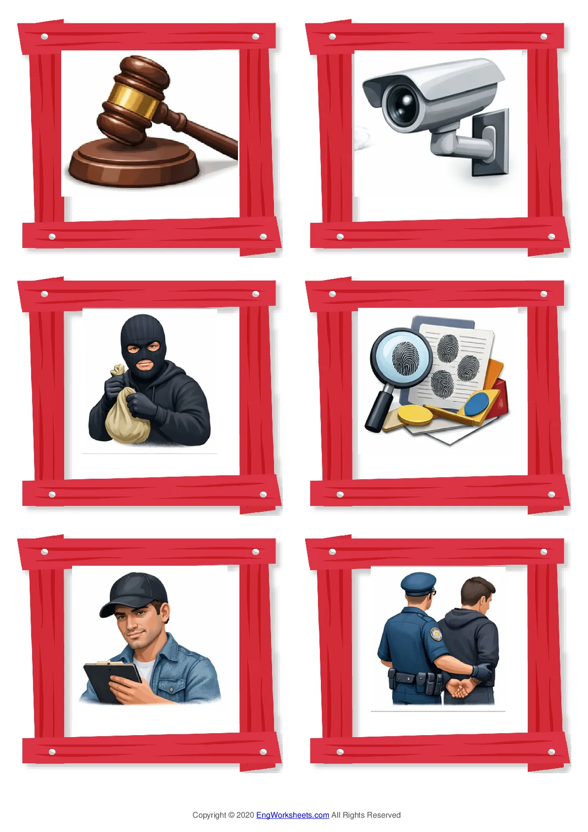 Wordless Crime & Law vocabulary worksheet with six images per page