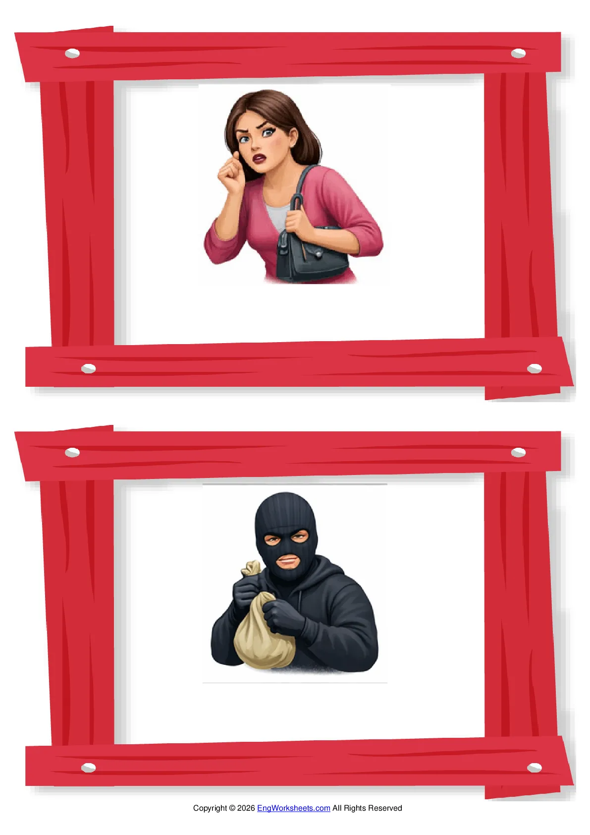 Wordless Crime & Law vocabulary worksheet with two images per page Worksheet Preview