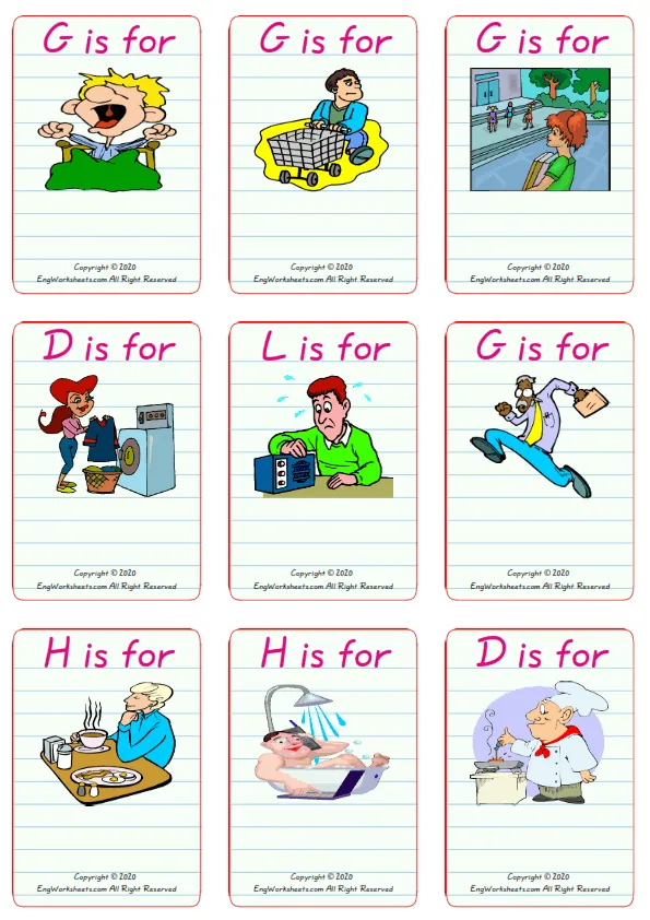 Wordless Daily Routine vocabulary worksheet with nine images per page Worksheet Preview