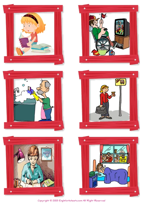 Wordless Daily Routine vocabulary worksheet with six images per page Worksheet Preview