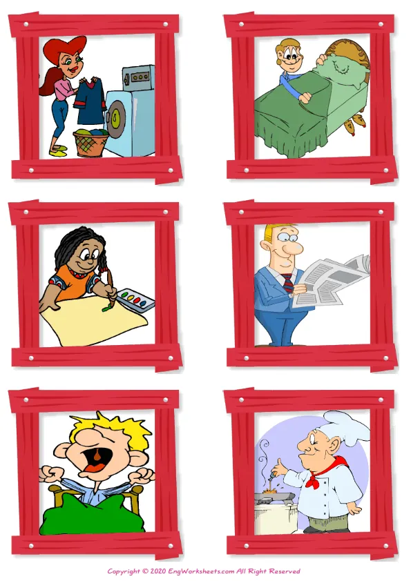 Wordless Daily Routine vocabulary worksheet with six images per page Worksheet Preview