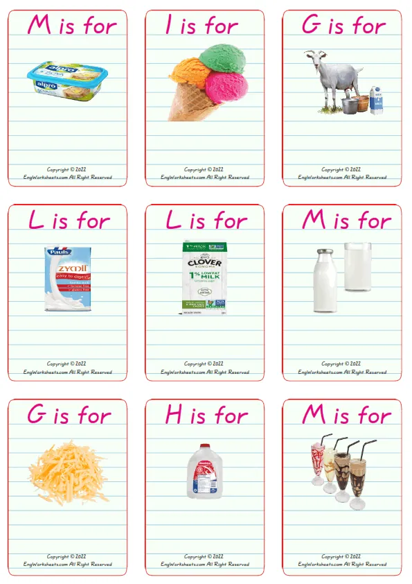 Wordless Dairy Produce vocabulary worksheet with nine images per page