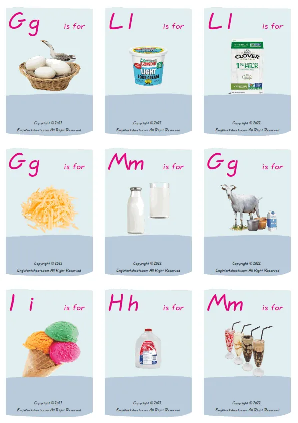 Wordless Dairy Produce vocabulary worksheet with nine images per page