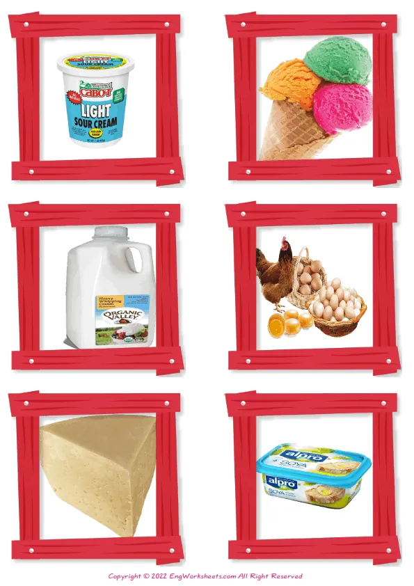 Wordless Dairy Produce vocabulary worksheet with six images per page Worksheet Preview