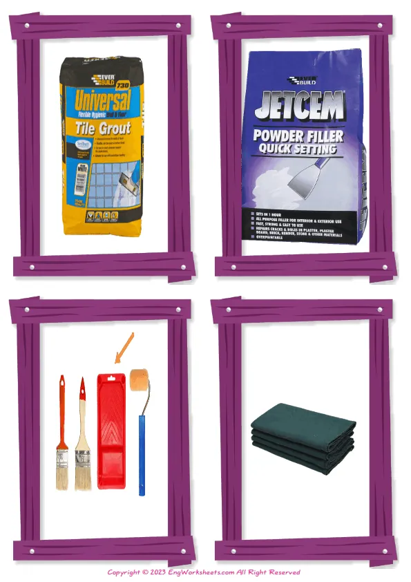 Wordless Decorating vocabulary worksheet with four images per page Worksheet Preview