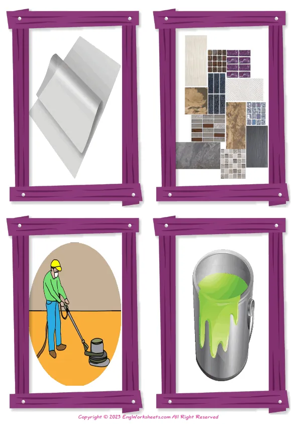 Wordless Decorating vocabulary worksheet with four images per page Worksheet Preview