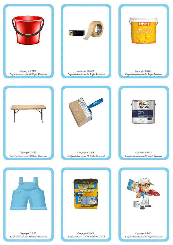 Wordless Decorating vocabulary worksheet with nine images per page